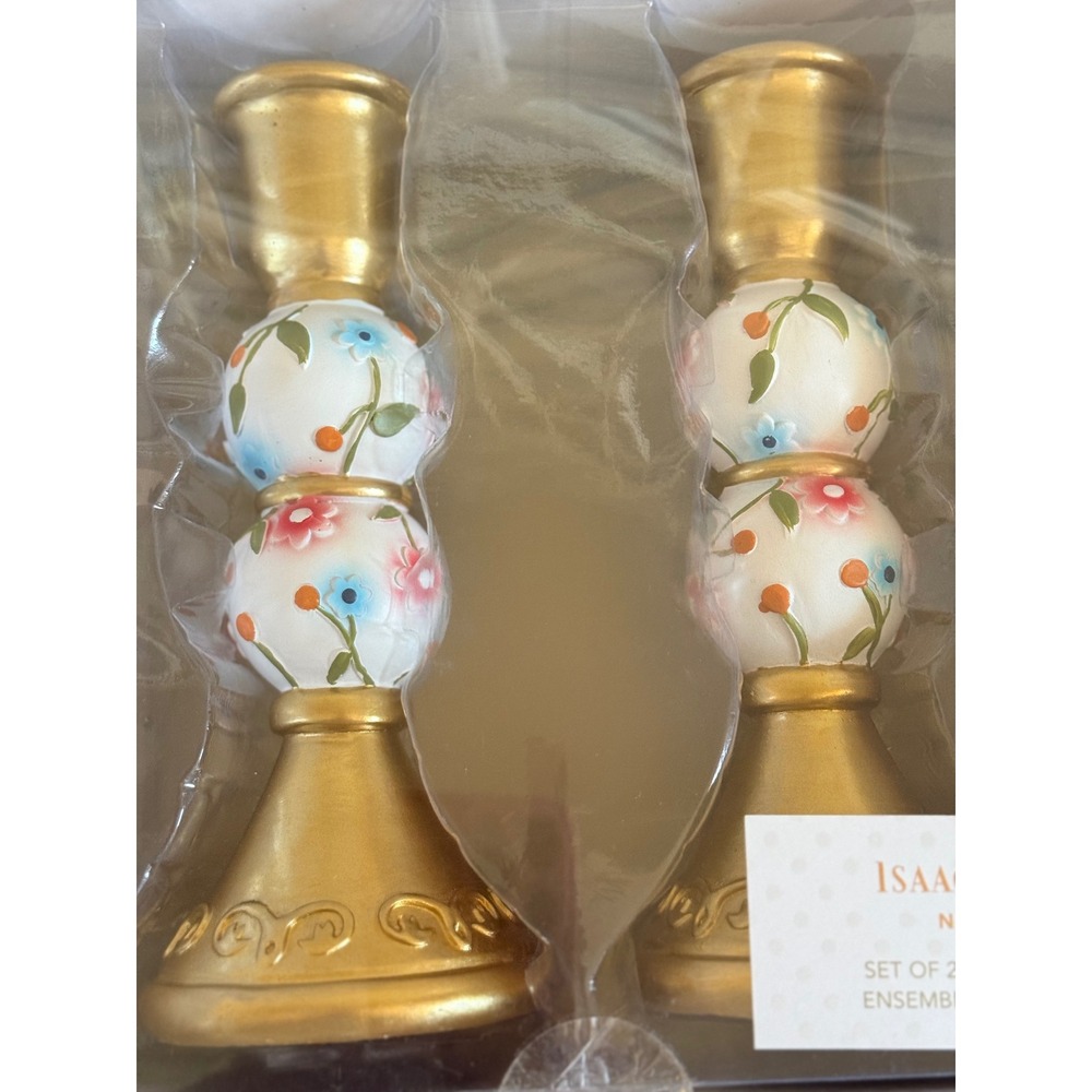 Isaac Mizrahi New York Floral Gold Candle Holders Set of 2 Taper Stands - Picture 8 of 8